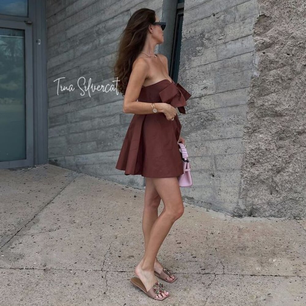 Zara Strapless Bow Mini Cocktail Dress Clay Brown S NWT - Picture 11 of 14